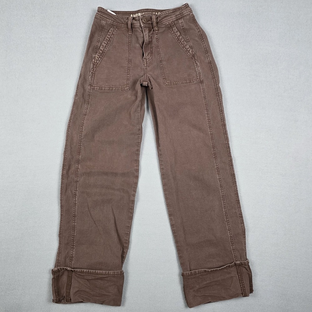 American Eagle Stovepipe Jeans Womens Size 000 Brown Cuffed Canvas Bootcut Pants
